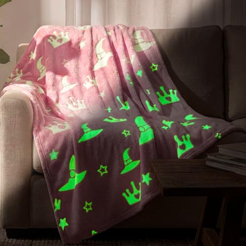 50 x 60 Inch Witch Hat and Pink Crown Blanket for Girls Glow in The Dark Evil Gift Queen Throw All Seasons Warm Cozy Soft Blanket for Sofa Chair Bed Halloween Thanksgiving Gift