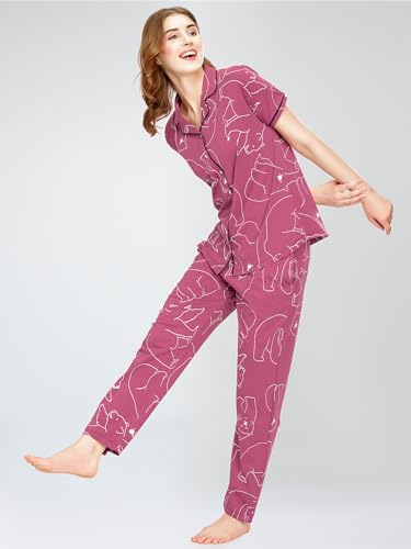 Image of ZEYO Night Suit for Women's Polar Bear Printed Cotton Night Dress of Shirt and Pajama Set 5756