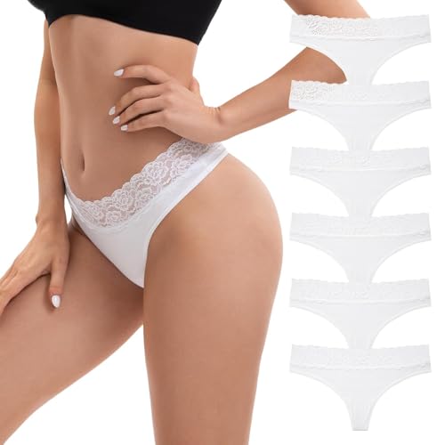 INNERSY Tangas Mujer Algodon Blancos Bragas Tanga Cintura Media Ropa Interior Encaje Pack de 6 (M, 6 Blanco)