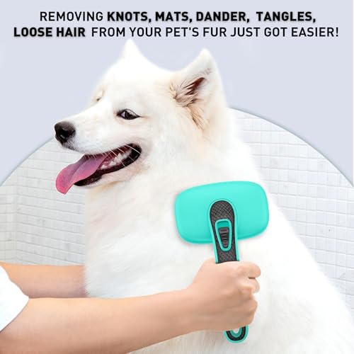 Self Cleaning Slicker Brush for Dog & Cats, Skin Friendly Deshedding Grooming Tool for Shedding Long and Short Haired Pets, Easy Clean Retractable Bristles, Green