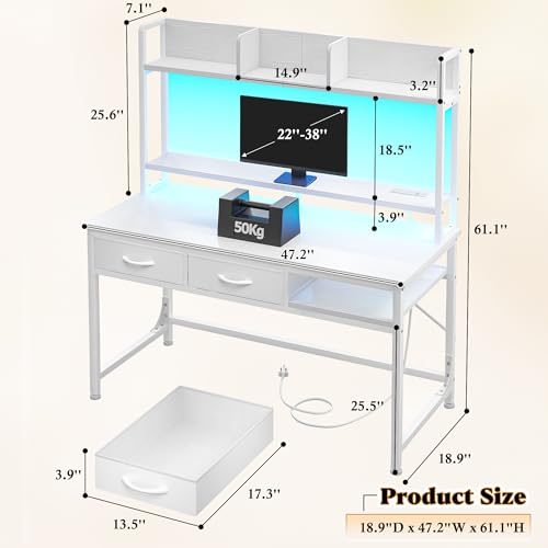 Image of DurayLoly 47.2 inch Gaming Desk with RGB LED and Power Outlet, Computer Desk with Hutch and Monitor Stand, Home Office Desk with Drawers and Shelves, Study Writing Desk Bedroom Dorm Small Space, White