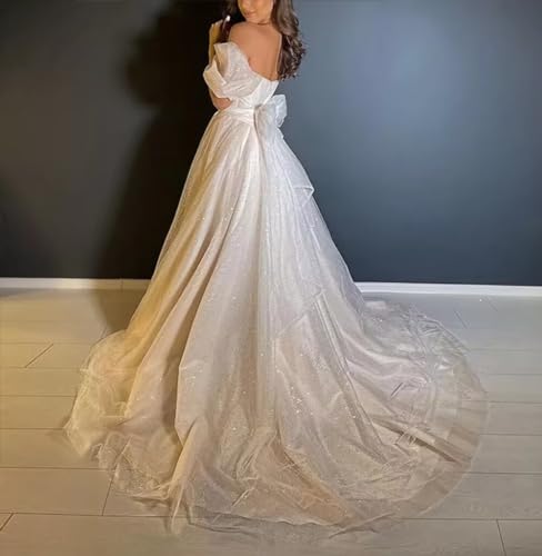 WDBFY Glitter Tulle Puffy Sleeves Prom Dresses Long Princess Gowns for Bride Wedding Party Dresses4