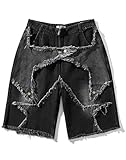 Sunidol Womens Y2K Denim Shorts Baggy Jorts Mid Rise Summer Loose Ripped Tassel Brushed Patchwork Jeans Shorts Black S