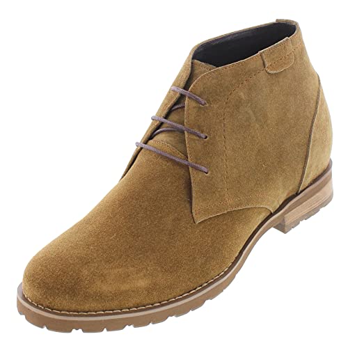 CALTO Men's Invisible Height Increasing Elevator Shoes - Khaki Tan Nubuck Leather Lace-up High-top Chukka Style Dress Boots - 3 Inches Taller - T65561 - Size 6.5 D(M) US