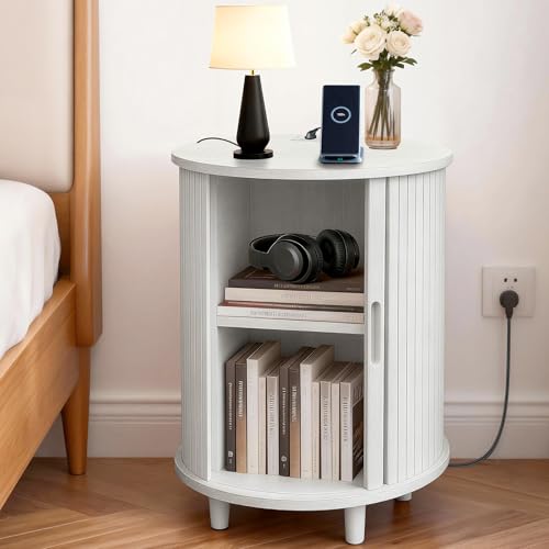 Image of DHH End Table Set of 2 with Storage & Charging Station, Fluted Accent Side Table with Sliding Door & Adjustable Shelf, Mid-Century Nightstand for Small Spaces, Living Room, Bedroom(2, White)