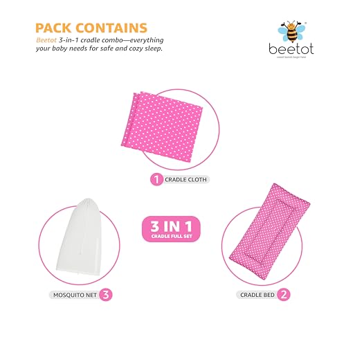 Image of Premium Swing Cradle Set | Hanging Swing Cradle, Removable 5-Layer Padded Bed & Mosquito Net | Up to 15 kg | Dark Pink Dot