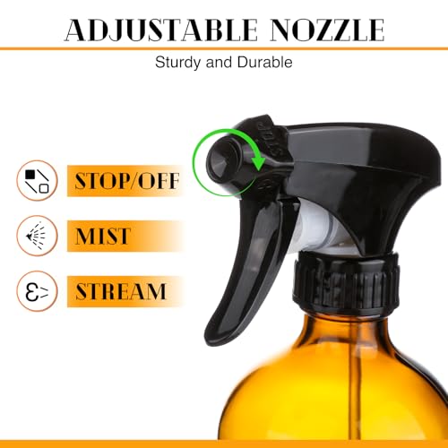 2 Pack/16 Oz Glass Spray Bottles, Refillable Empty Containers with Silicone Sleeve, Upgraded Adjustable Nozzle Spray Bottle Sets for Cleaning, Essential Oils, Hair (Amber)2
