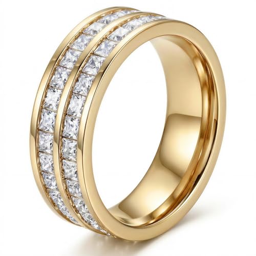 ZDZM Love Eternity Gold Rings for Women Stainless Steel Gold Emerald Engagement Ring Petite Baguette Cubic Zirconia Stacking Wedding Band for Women, Hypoallergneic, Size 8