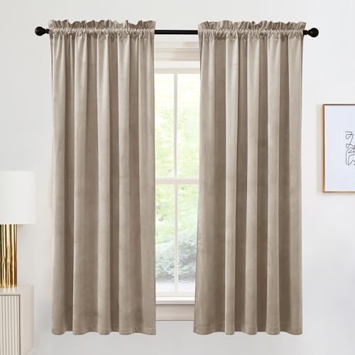 Image of RYB HOME Super Luxury Velvet Curtains with Rod Pocket Design, Privacy Thermal Insulated Window Drapes Room Darkening Shades for Dorm Basement Bedroom, Camel Beige, W52 x L72 inch, 2 Panels Set | Privacy, Thermal Insulated, Window Drapes, Room Darkening Shades, for Office & Laundry, CameLBeige, W52 x L72, 2 Panels