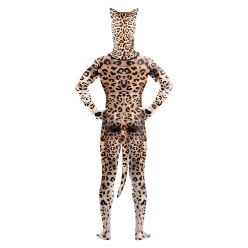 Image of Men's Animal Bodysuit Costume with Big Tail Print Petsuit Spandex Furry Jumpsuit Cosplay Halloween Party