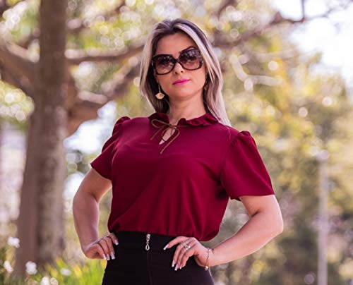 Blusa Feminina Social Gota Laço Manga Curta Moda Evangélica (P/38, Marsala)