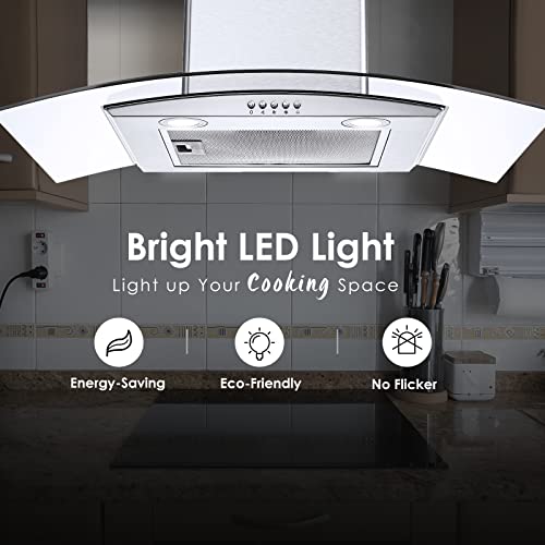 Image of Range Hood 30 Inch, Tieasy Wall Mount Kitchen Hood with Ducted /Ductless Convertible Duct, Stainless Steel Chimney and Aluminum Filters, LED Lights, 3 Speed Fan, Push Button