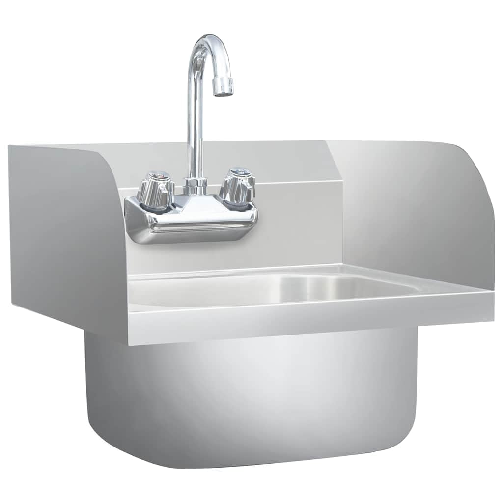 Lavabo a mano, in acciaio inox, con rubinetto e pannello