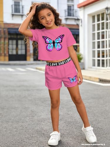 Image of Betusline Girls Summer 2 Piece Outfits,Kids Short Sleeve Crop Top & Shorts Set with Side Pockets