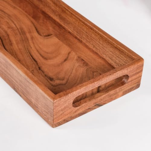 Image of Nestasia Wooden Serving Tray with Handles (41x16cm) - Acacia Wood Rectangular Brown Tray for Dining & Coffee Table | Platter for Serving Tea, Cakes, Snacks, Breakfast & Home Decor (Warm Honey-Brown)
