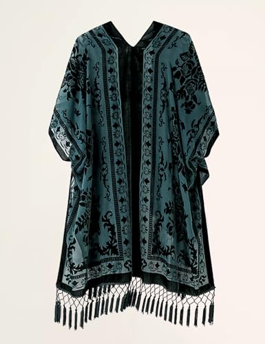Women's Coverups Burnout Velvet Cardigan Casual Outfit Long Cover Up Kimono with Tassel2