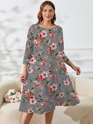 Image of AusLook Women's Plus Midi Dresses Crew Neck A Line 3 /4 Sleeves Casual Elegant Loose Wedding Vacation Dress with Pockets