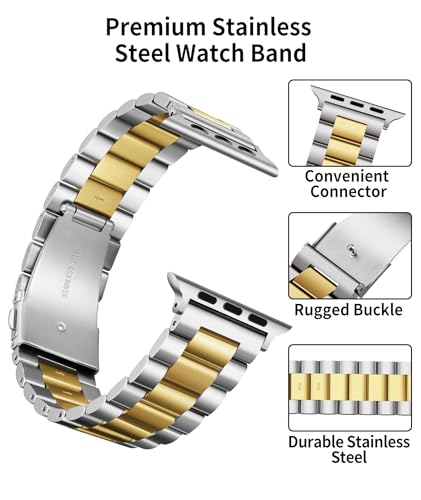 BINLUN Compatible with Apple Watch Strap 45mm 44mm 42mm Matte Stainless Steel Metal Watch Straps with Polished Finish TPU Case Compatible with iWatch Series 9/8/7/SE2/SE/6/5/4/3/2/1 (Silver+Gold) - Image 2