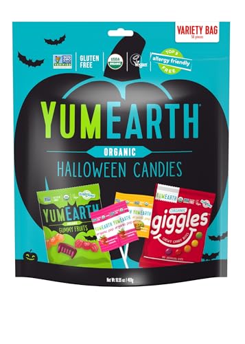 YumEarth Organic Halloween Variety Bag - Allergy Friendly (Top 9 Free), No Artificial Dyes or Flavors, Non GMO, Gluten Free, Vegan Candy Snacks, Individually Wrapped - 16.55 oz. (Pack of 50)