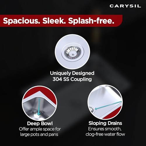 Image of Carysil VSG Pro 36 x 18 x 8 Inch 304-Grade Stainless Steel Kitchen Sink with Drainboard, Pressed Sink, Glossy Finish, Deep Bowl, Sloping Drain, Noise Reduction Padding, Anti-Condensation Coating