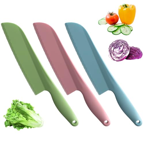 Image of Lettuce Knife to Prevent Browning, 11 inch Plastic Knife for Cutting Veggies, Fruits, Cakes, Brownies, Bread, Dishwasher Safe (3, Green, Pink, Blue)