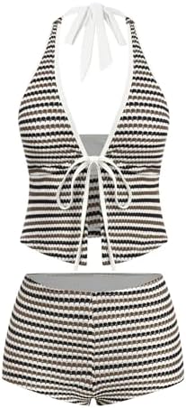 ZAFUL Women's Striped Halter Bikini Set Front Tie Tankini Swimsui...
