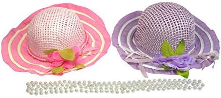 Girl's Tea Party Dress Up Set with 2 Pink and Purple Sun Hats and 2 Faux Pearl Necklaces Hailey by Cutie Collections