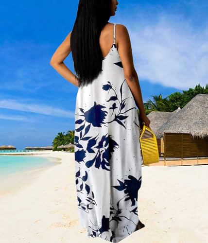 Image of Summer Dresses for Women Spaghetti Strap Beach Floor Length Maxi Sundresses | Floral Print,Casual,with Pockets