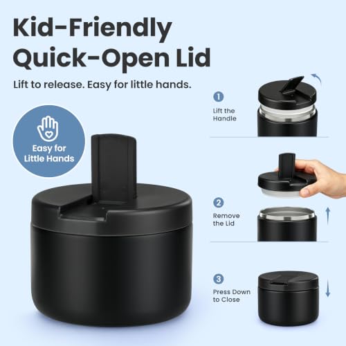 Image of Pawtong 12oz Insulated Vacuum Food Jar with Buckle Lid Wide Mouth Soup Thermo for Hot Food Kids Leakproof Stainless Steel Lunch Container- Black- 1Pack