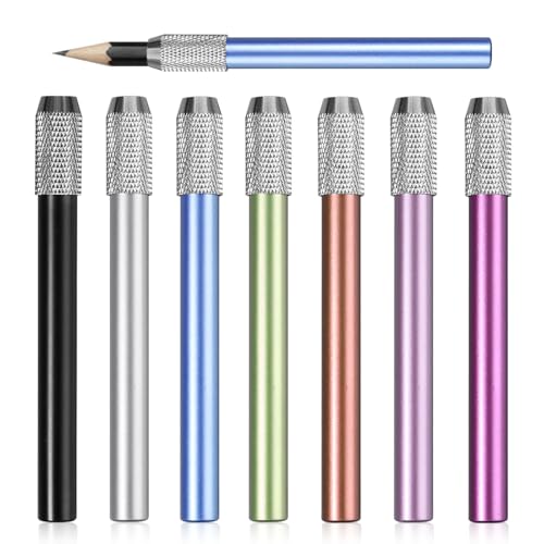 Uelkr 7 pcs Pencil Extenders, Adjustable Aluminum Assorted Colors Pencil Lengthener, Pen Sleeve Extender Holder Lengthener for Artists, Home School Office Supplies