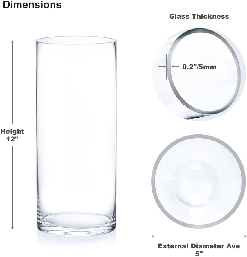 Enova Floral Cylinder Glass Vase 5 x 12 Inches Round Large Flower Vase, Pillar Candle Floating Candle Holder Vase, Tall Glass Vase for Flowers, Glass Vase for Decor, Wedding Centerpieces (1 Piece)