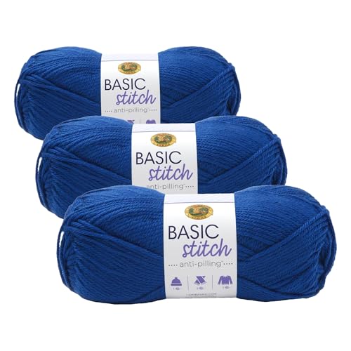 Image of Lion Brand Yarn Basic Stitch Anti-Pilling Knitting Yarn, Yarn for Crocheting, 3-Pack, Royal Blue