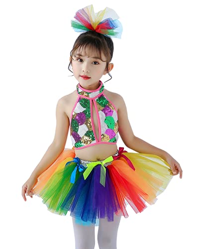 カラフル スパコール ダンス衣装 チュールスカート hihpop キラキラ 子供 女の子 ラテン衣装 キッズ ステージ 舞台 演出服 イベント用 子供 チアガールダンス衣装 可愛い 小学生 子供舞台服 演奏会 ピアノ発表会 (ピンク,130)