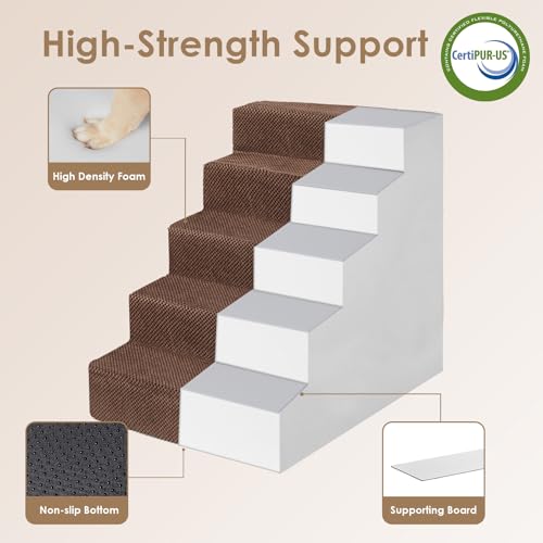 Image of EHEYCIGA Dog Stairs for High Bed 25 inch H, 5-Step Extra Wide Dog Steps for Bed, Pet Steps for Small Dogs and Cats, Non-Slip Balanced Pet Ramp Indoor, Brown