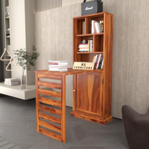 Image of Sheesham Wood Study Table with Bookshelf & Storage Cabinet | Space Saving Writing Desk for Home Office & Study Room (Honey Finish)