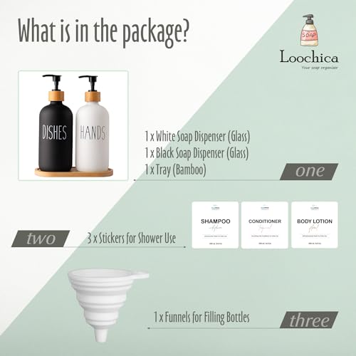 Image of LOOCHICA 2 Pack Glass Soap Dispenser Set with Tray, Hand and Dish Glass Soap Dispensers for Kitchen Sink, Kitchen Soap Dispenser Set Suitable for Black and White Kitchen Decor