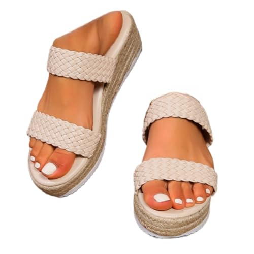 Women's Summer Outfits 2025 Woven Strap Slip-on Platform Wedges Heels Sandals Beach Flat Shoes Non-slip Mules for Women & Girls Breathable Comfortable Daily Wear Business Office
