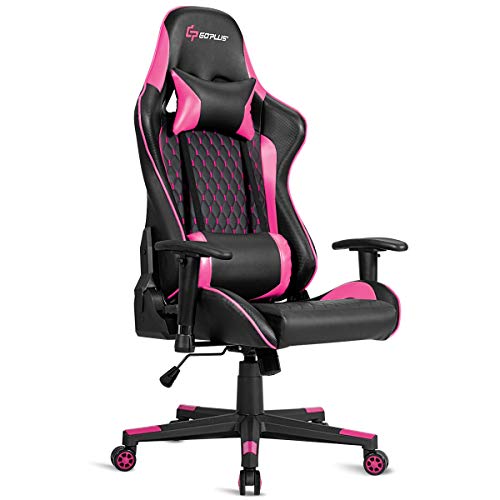 Giantex Chaise Gaming Réglable en Hauteur avec Soutien Lombaire et Appui-tête, Fauteuil de Bureau avec Dossier et Accoudoirs Inclinables, Chaise de Gamer Design Ergonomique, Charge Max 150 kg (Rose)