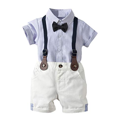 heavKin-Clothes 3 Months-4Years Children's Kids Baby Boy Tie Bow-Knot Striped Printed Short Sleeve Shirt T-Shirt Tops + Shorts Gentry Set (Blue, 3-6 Months)