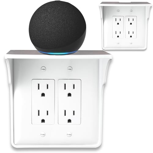 Power Perch Double Wall Outlet Shelf – Bathroom Shelf for Electric Toothbrush and Toiletries – Small Wall Shelves for Homepod Mini, Alexa Holder, Echo Dot – Easy Install, White, 2-Pack