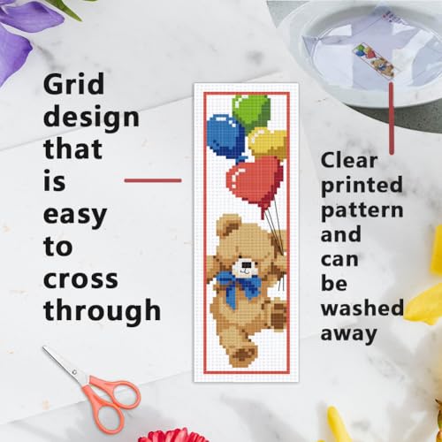 Image of INFUNLY 6PCS Brown Bear DIY Cross Stitch Bookmark Kits 8.5 inchx2.9 inch Cute Bear Stamped Embroidery Kits with Instructions Balloons Gift Box Needlepoint Bookmark Kits for Book Lovers Readers Writers