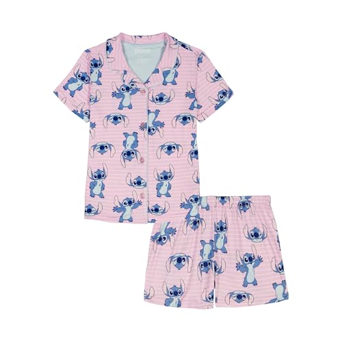Disney Girls 2-Piece Loose-fit Button Down Matching Pajama Set Soft & Cute for Kids STITCH WINK 6
