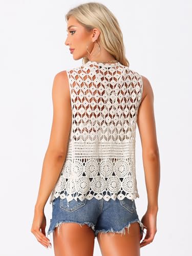 Image of Allegra K Women's Vest Cardigan Open Front Sleeveless Hollow Out Crochet Shrugs Medium Beige