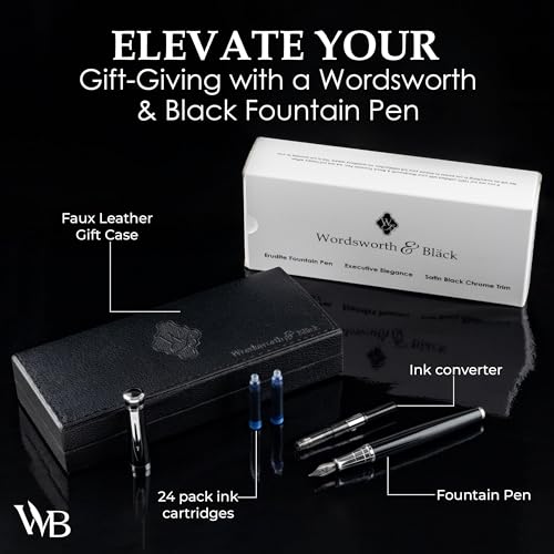 Wordsworth & Black Fountain Pen Set, Medium Nib, Includes 24 Ink Cartridges and Ink Refill Converter, Gift Case, Journaling, Calligraphy, Smooth Writing Pens [Black Chrome], Perfect for Men and Women - Thumbnail 3
