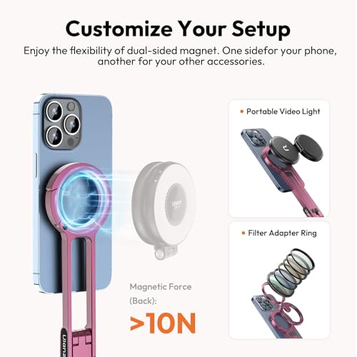 Image of ULANZI MA30 Magnetic Phone Tripod Stand for iPhone - Aluminium Maglock Smartphone Mini Tripod Pocket Cell Phone Stand Strong Magnet Quick Mount Compatible with iPhone 16 15 14 13 12 Series, Pink