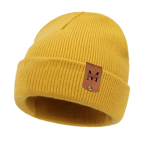 Custom Baby Beanie Hats for Girls Boys, Personalized Name Leather Patch Beanies for Toddlers Adults, Infants Knit Hat