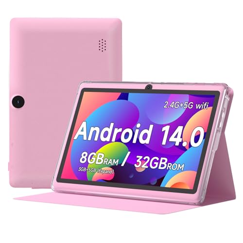 Image of 7 Inch Android 15.0 Tab PC RAM 8GB (3+5 Expansion) ROM 32GB, IPS 1024x600 BT 5.0 WiFi6 2.4G + 5G 2MP + 5MP Dual Cameras, YouTube, Netfilx (Pink)