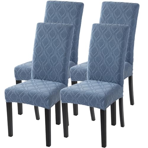 Image of SearchI Dining Room Chair Covers Set of 4, Stretch Jacquard Parsons Chair Slipcovers Spandex Removable Washable Kitchen Chair Protector Cover for Dining Room, Hotel, Ceremony (Gray-Blue Geometric)