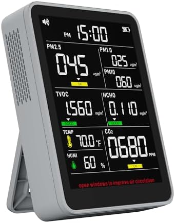 XOOPON 13-in-1 Indoor Air Quality Monitor with PM1.0/2.5/10, CO2, HCHO, TVOC, Temp, Humidity & Time, 4 Alarm Modes, Portable Air Quality Tester for Home, Office, Car, Wall-Mount or Desktop Use
