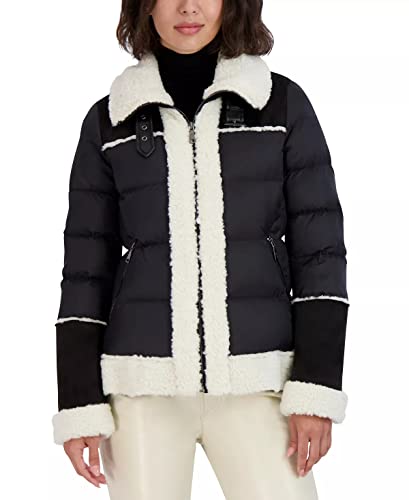 TAHARI Selena Faux Shearling Trim Mixed Media Puffer Jacket Coat (as1, alpha, m, regular, regular, M) TAHARI Selena Faux Shearling Trim Mixed Media Puffer Jacket Coat (as1, alpha, m, regular, regular, M)